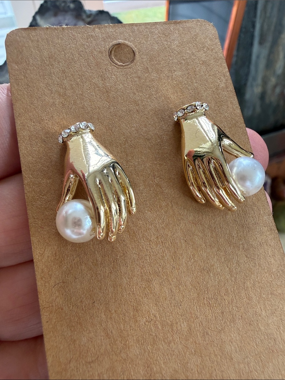Gold Hand Pearl Drop Stud Earrings with Crystal Cuff Accent